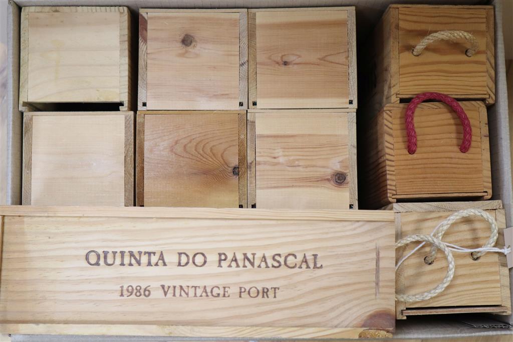 Twelve bottles of port; one Quinta do Panascal Vintage 1986, one St Michaels Finest Reserve, one Sandeman Tawny, one Dows 10 year